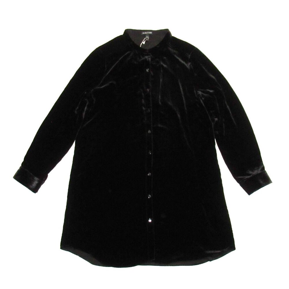 NWT Eileen Fisher Mandarin Collar Long Shirt in Black Velvet Tunic XS